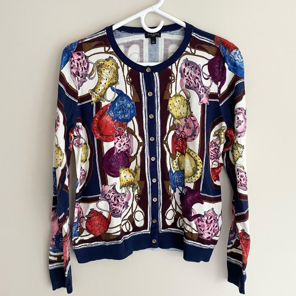 Talbots Petite Large Teacup Novelty Multi Cardigan